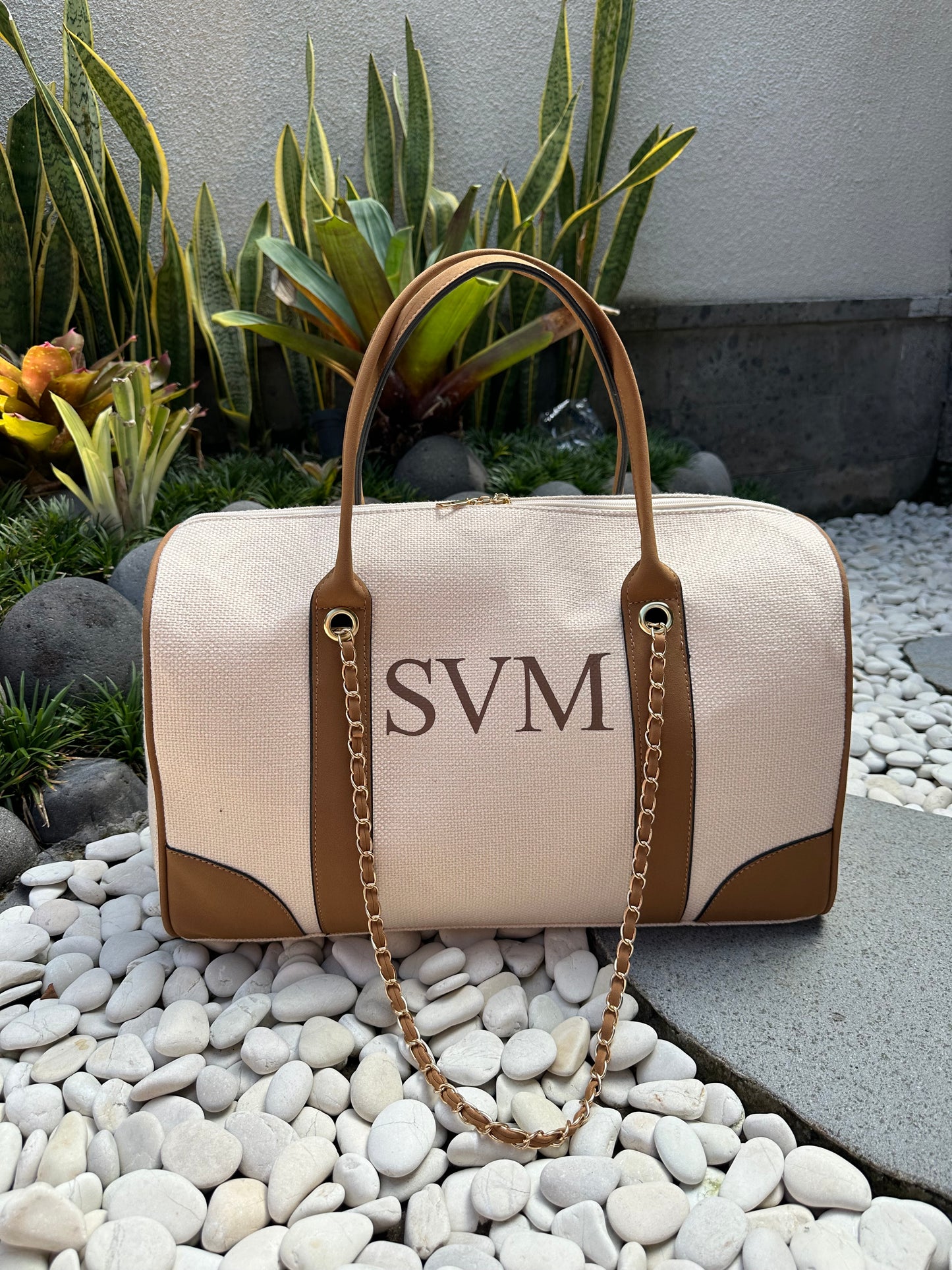 Cream & Tan Personalised Holdall Canvas Bag