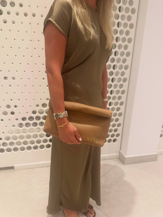 Personalised Tan Grab Clutch Bag