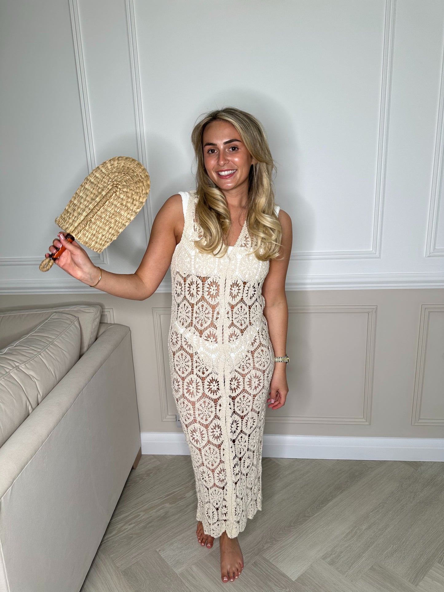 Beige Crochet Button Dress