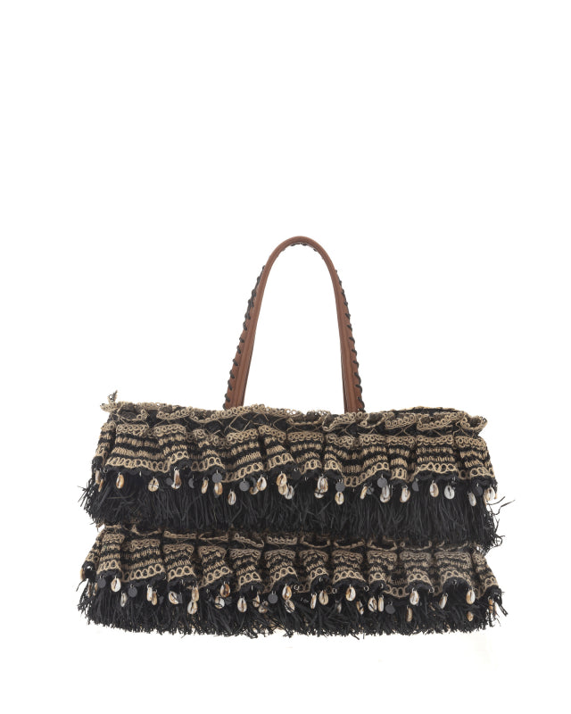 Black Straw Sea Shell Tassle Bag