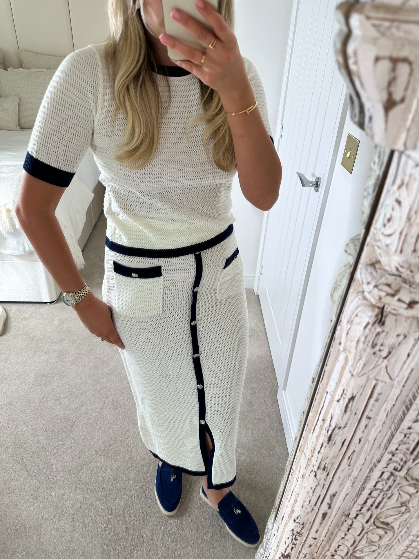 White & Navy Two Piece