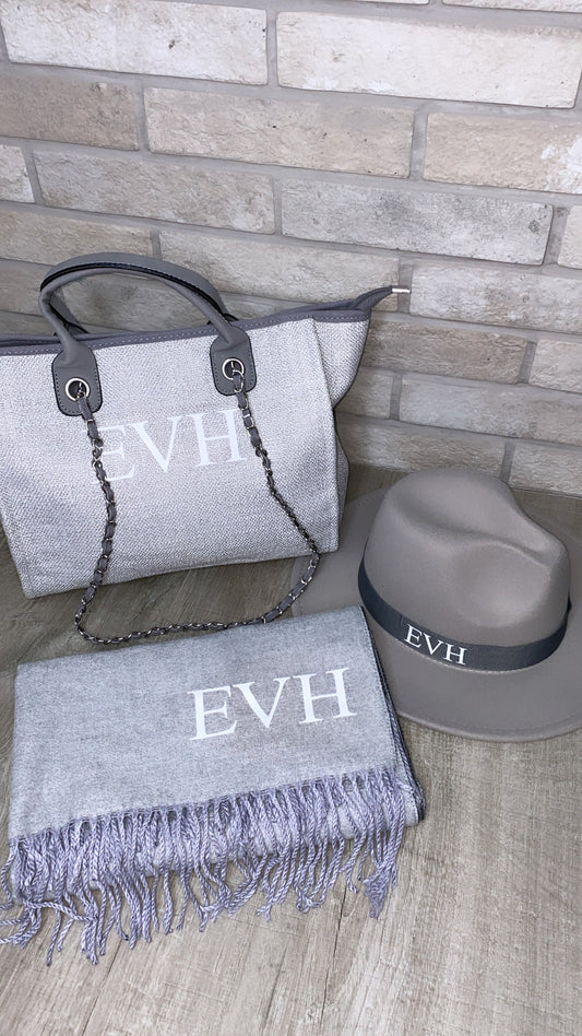 Grey Scarf, Fedora & Medium Bag Set
