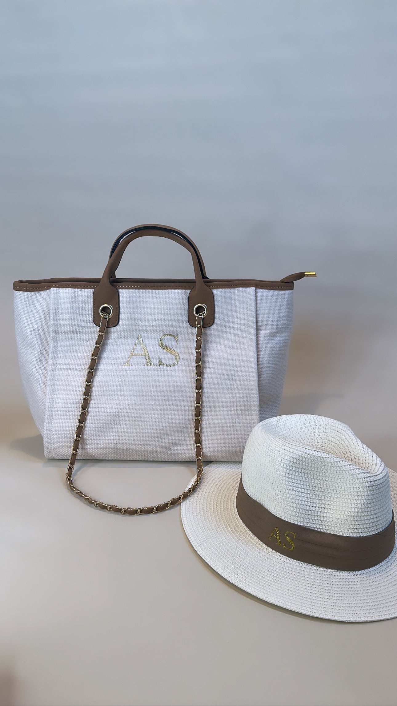 Cream & Tan Medium Bag & Cream Sun Hat Set