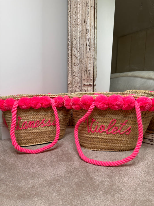 Pom Pom Personalised Straw Bag