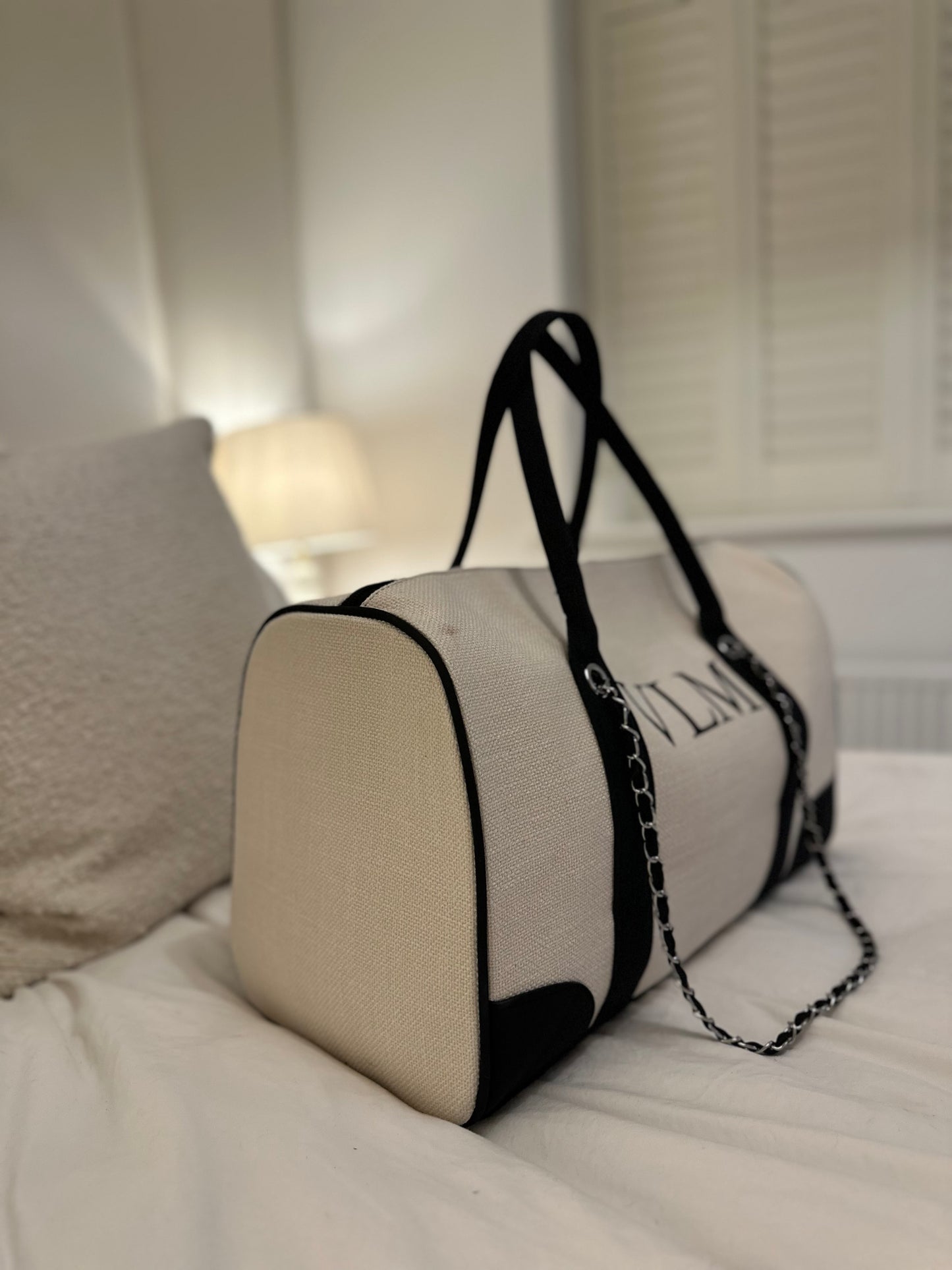 Cream & Black Personalised Holdall Canvas Bag