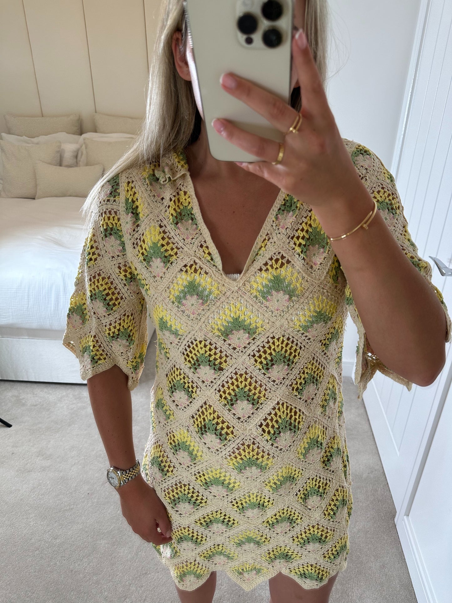 Yellow/Green/Beige Crochet Dress
