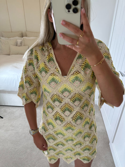 Yellow/Green/Beige Crochet Dress