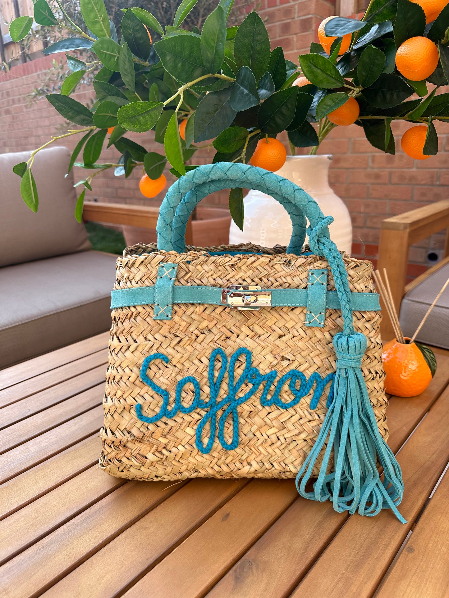 Turquoise Real Seude Straw Personalised Bag