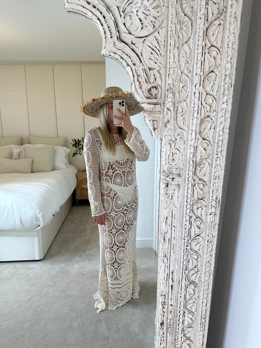 Beige Long Sleeve Embroidery Dress