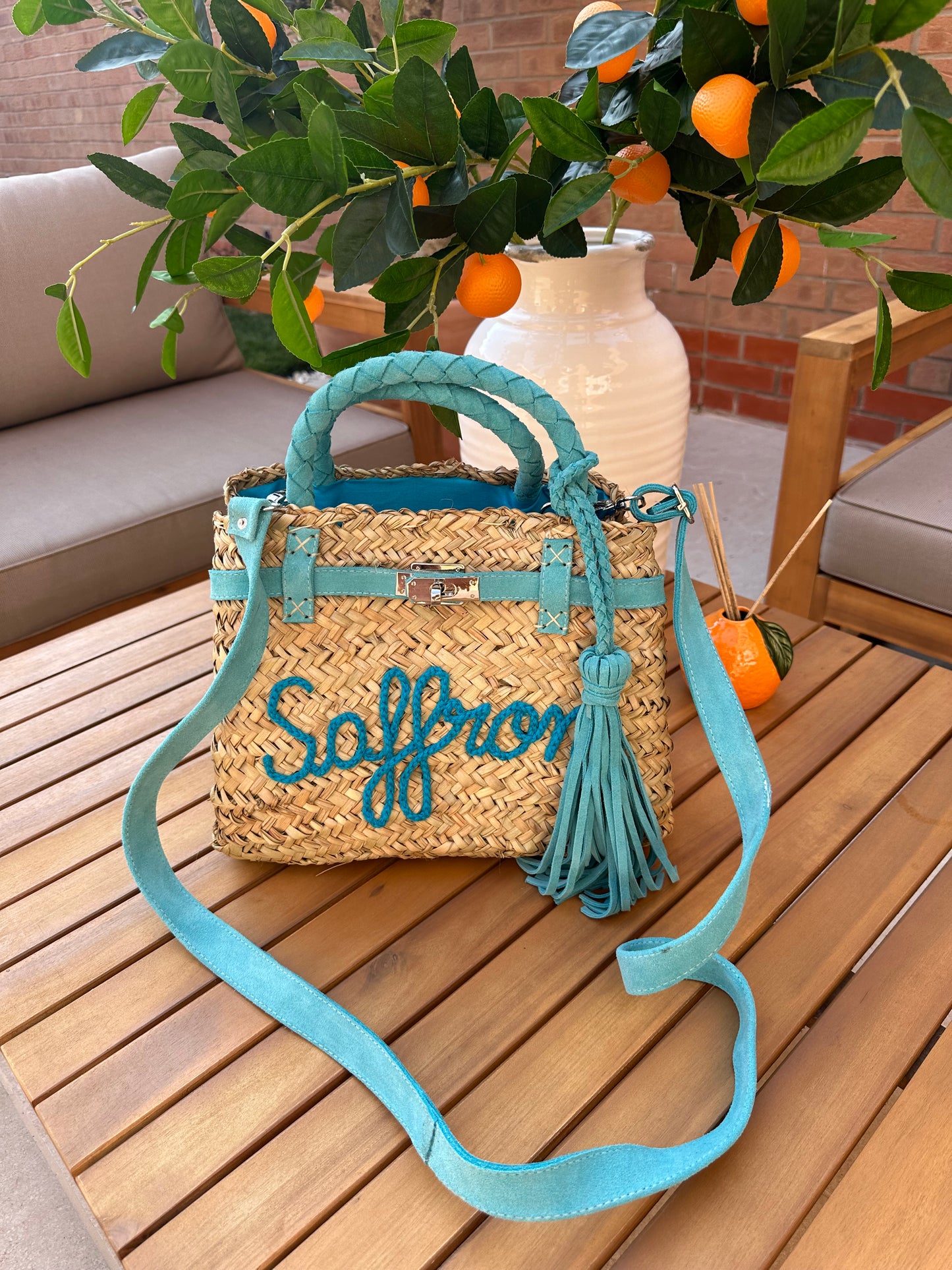 Turquoise Real Seude Straw Personalised Bag