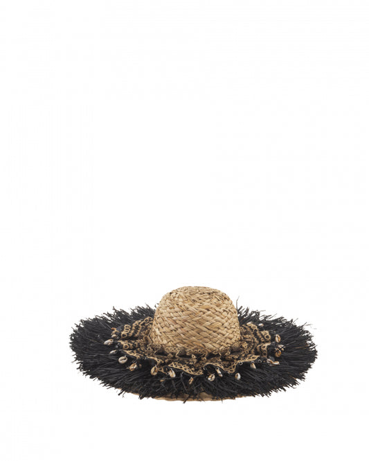 Black Straw Sea Shell Tassle Hat
