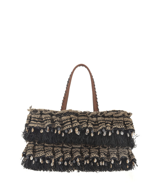 Black Straw Sea Shell Tassle Bag