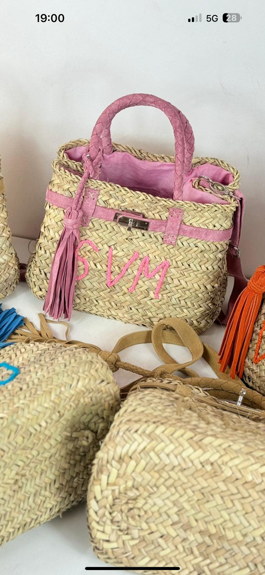 Pink Real Suede Straw Personalised Bag