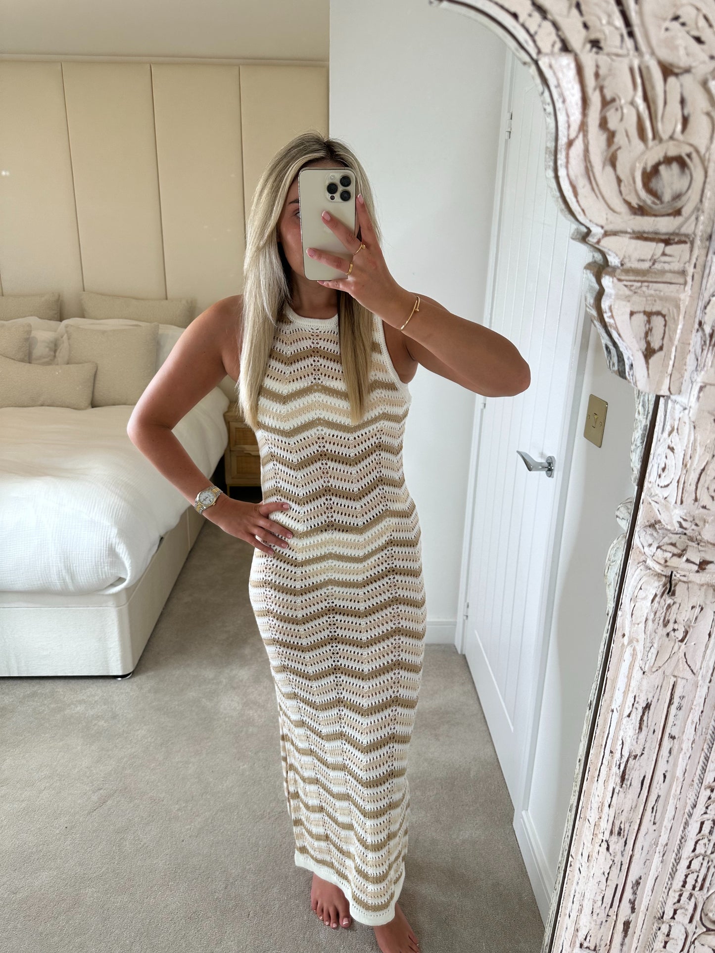 Crochet long beige & white dress