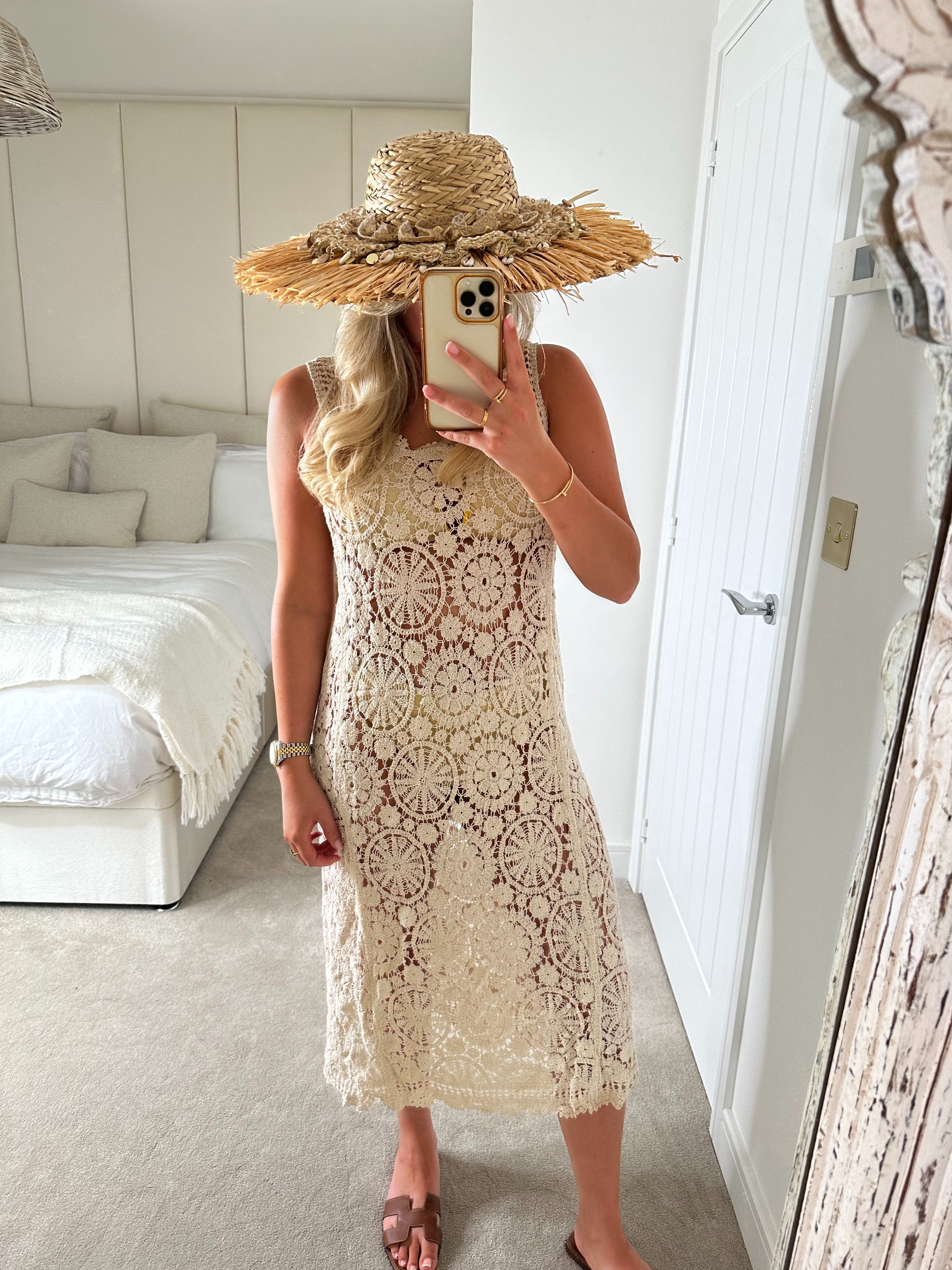 Yolanda Crochet Sequin Dress Beige