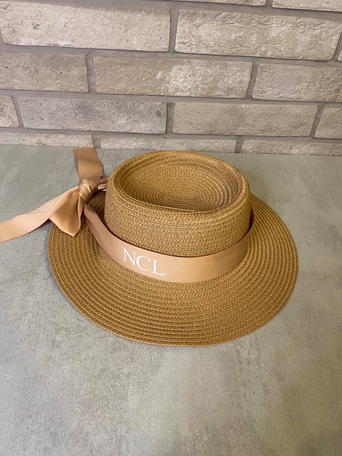 Tan Personalised Panama Hat With Bow Ribbon