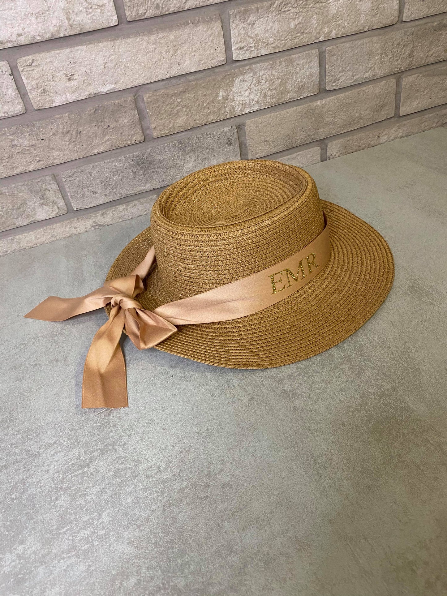 Tan Personalised Panama Hat With Bow Ribbon