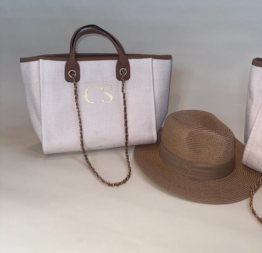 Cream & Tan Medium Bag & Sand Sun Hat Set