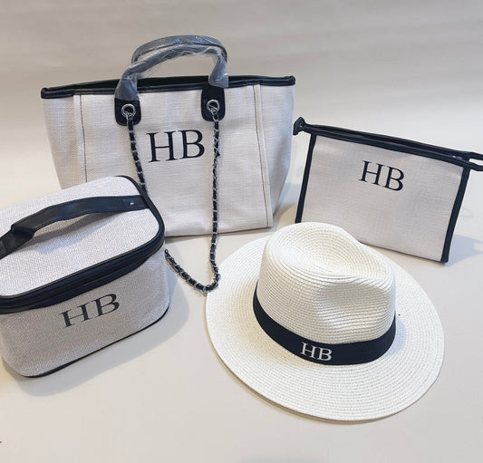 Cream & Black Medium Bag, Make Up Bag, Sun Hat & Clutch